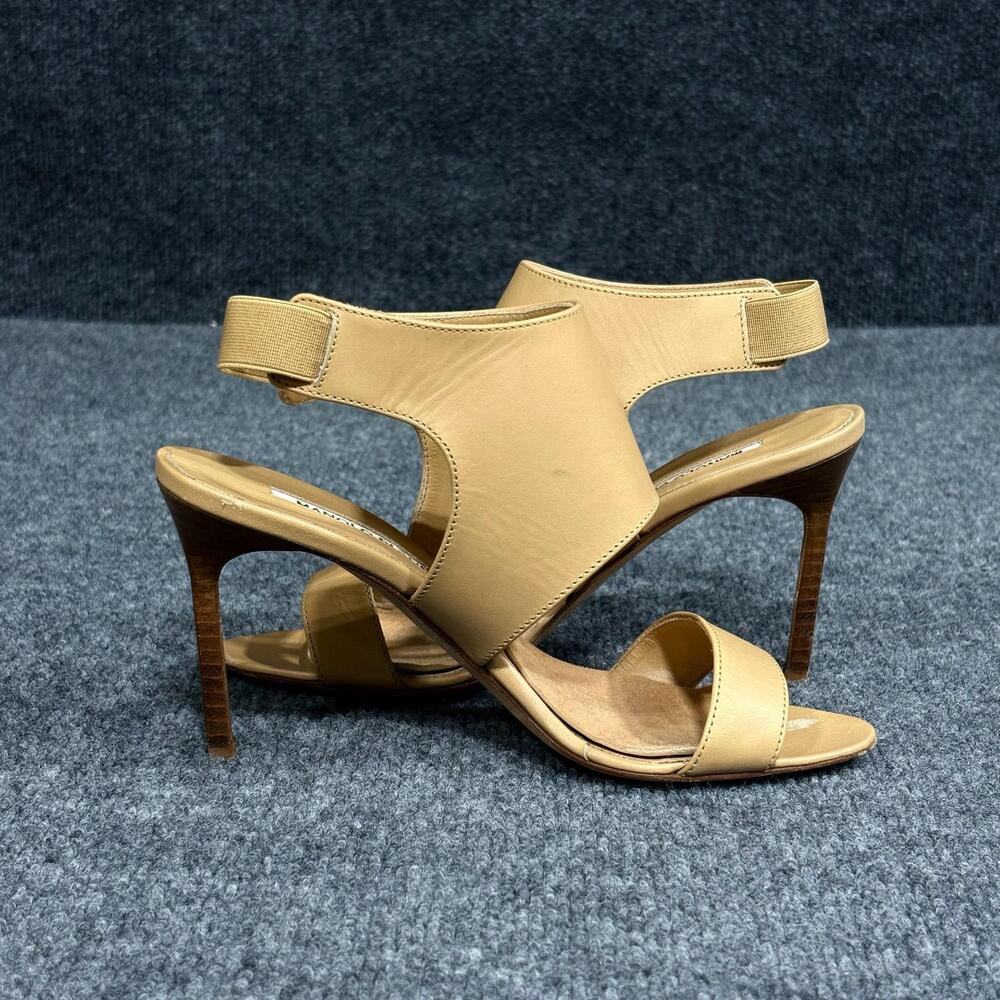 Manolo Blahnik Sandals Womens 6 Beige Leather Mandal Slingback Heel Ankle Wrap